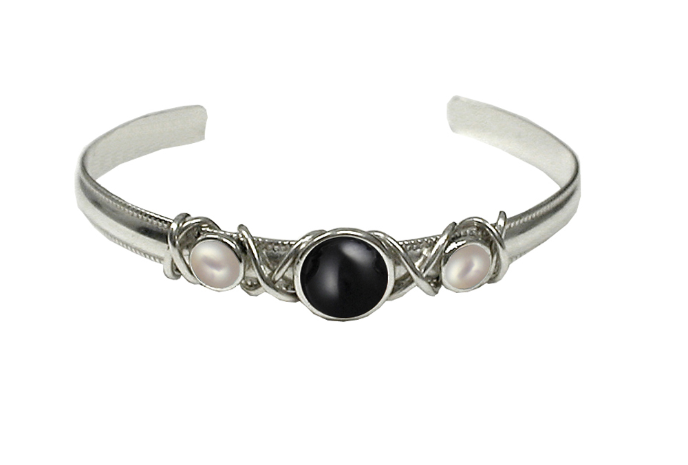 Sterling Silver Hand Made Cuff Bracelet With Black Onyx And Cultured Freshwater Pearl